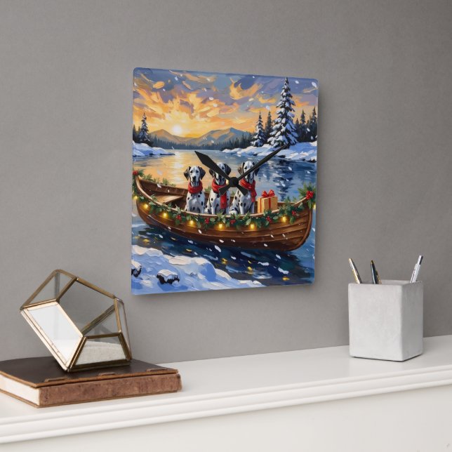 Dalmatian Christmas Boat Holiday Fyrkantig Klocka (Kontor)