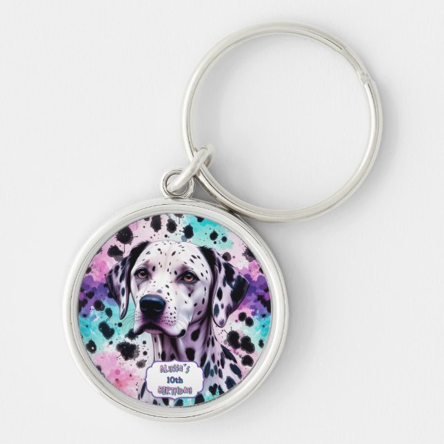 Dalmatian Dog Pink Purple Turquoise Birthday Rund Silverfärgad Nyckelring (Framsidan)