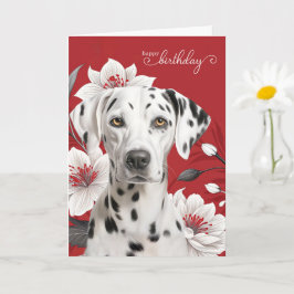 Dalmatian Dog with White Lilies on Red Birthday Kort