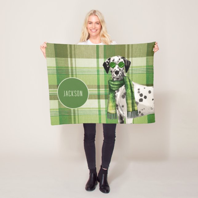 Dalmatian on Green Plaid with Dog's Name Fleecefilt (På plats)