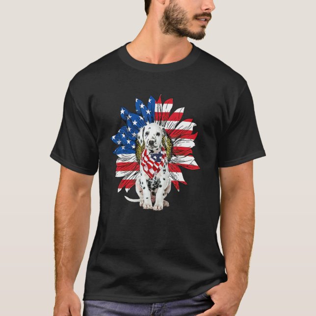 Dalmatian Patriot American Flag Sunflower Independ T Shirt (Framsida)
