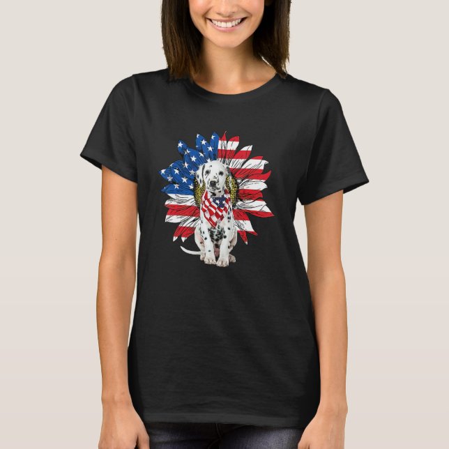 Dalmatian Patriot American Flag Sunflower Independ T Shirt (Framsida)