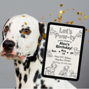 Dalmatian Pawty Svart & Vit Illustrerad Födelsedag Inbjudningar