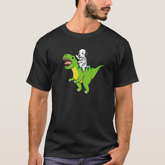 Dalmatian Riding Rex Dinosaur Dog   T Shirt (Framsida)