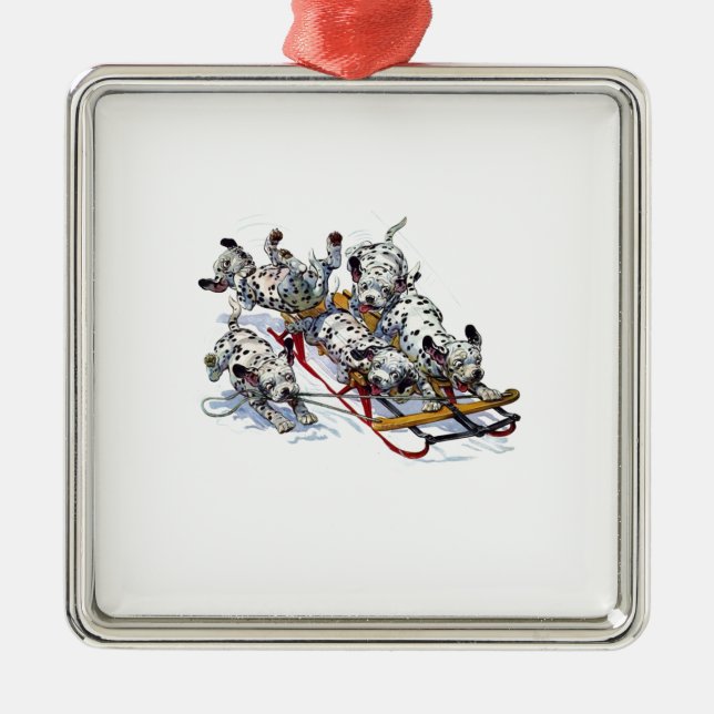 Dalmatian Sledding för valper Julgransprydnad Metall (Framsidan)