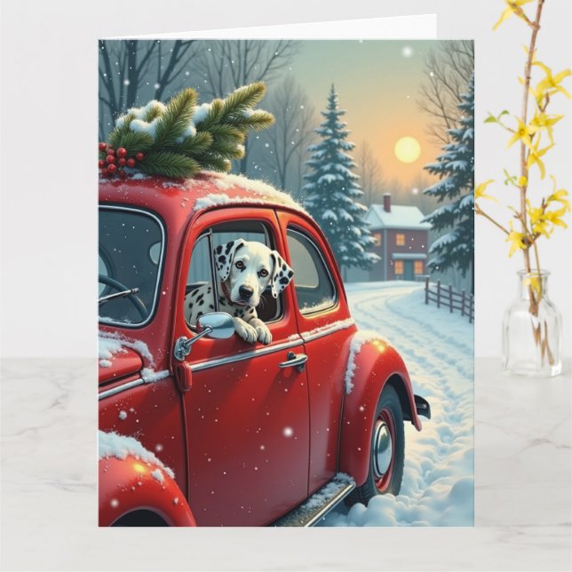 Dalmatian Snowy Car Ride Christmas Painting Kort (Gul blomma)