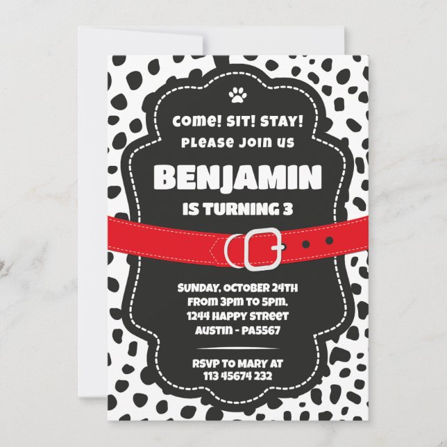Dalmatian Spots Black Invitation for Birthday Inbjudningar (Framsida)