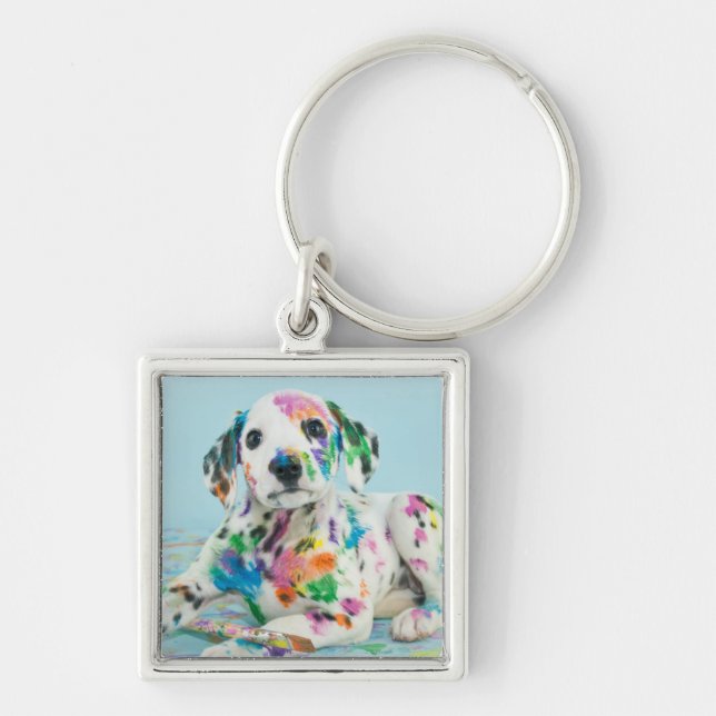 Dalmatian valp fyrkantig silverfärgad nyckelring (Framsidan)