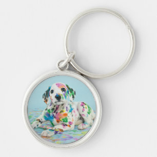 Dalmatian valp rund silverfärgad nyckelring