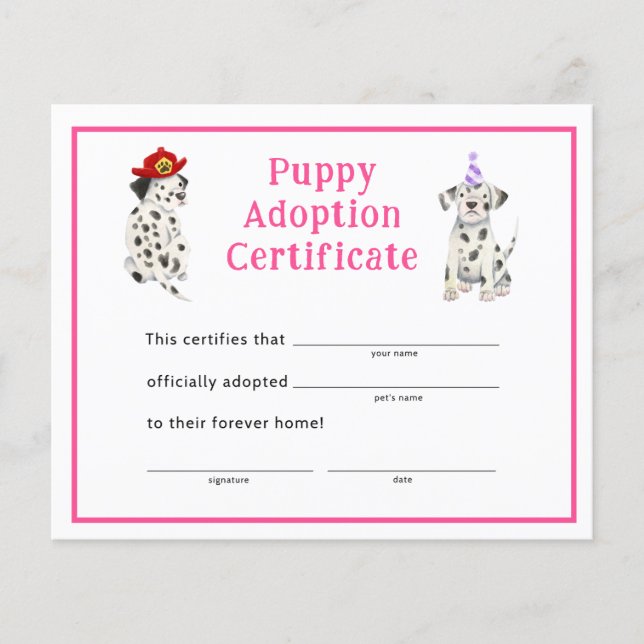 Dalmatians Girl Party Puppy Adoption Certificate (Framsida)