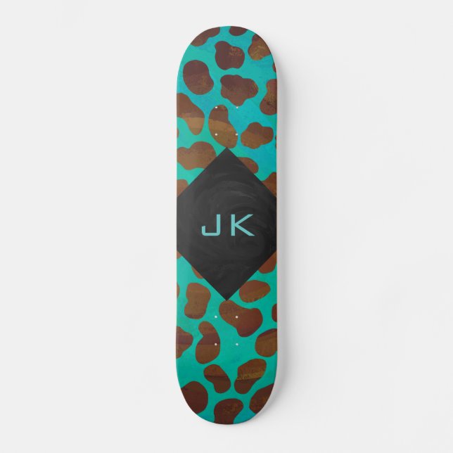 Dalmatien Brown och Teal med Monogram Skateboard Bräda 20,5 Cm (Framsida)