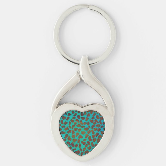 Dalmatien Brown och Teal Print Twisted Heart Silverfärgad Nyckelring (Framsidan)