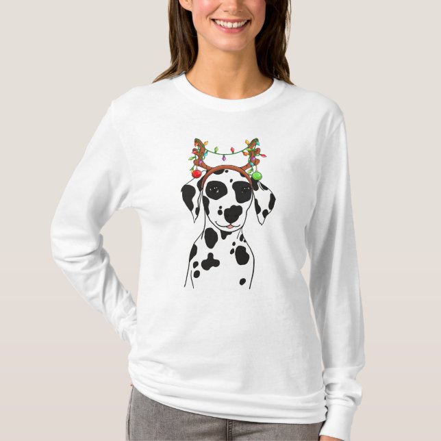 Dalmatien Cute jul Puppy Ljus Antlers T Shirt (Framsida)