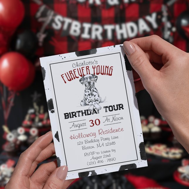 Dalmatien Furever Young 1st Birthday Pawty Inbjudningar (Celebrate your headliner's special day with this Dalmatian Furever Young 1st Birthday Invitation!)