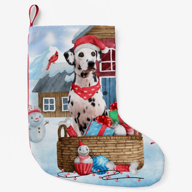 Dalmatien Hund I snö Hund-julhuset Liten Julstrumpa (Framsidan)