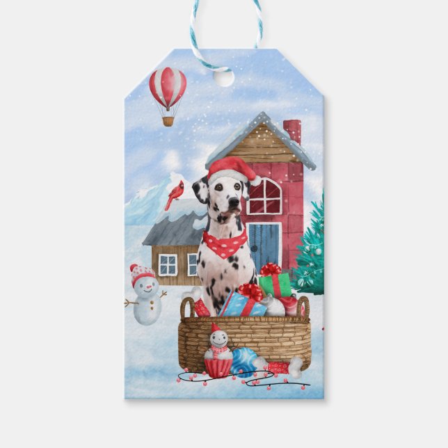 Dalmatien Hund I snö Hund-julhuset Presentetikett (Framsidan)