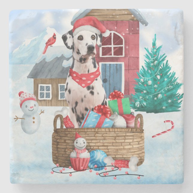Dalmatien Hund I snö Hund-julhuset Stenunderlägg (Framsidan)