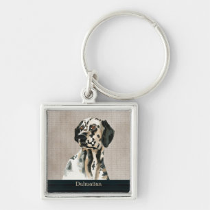 Dalmatien Hund Keychain Fyrkantig Silverfärgad Nyckelring