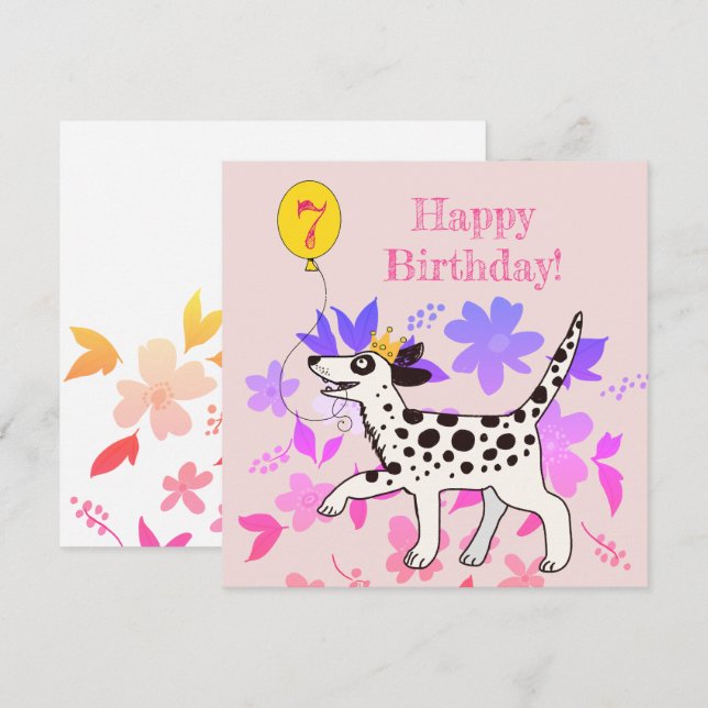 Dalmatien hund önskemål lycklig, sjunde födelsedag (Fram/baksida)