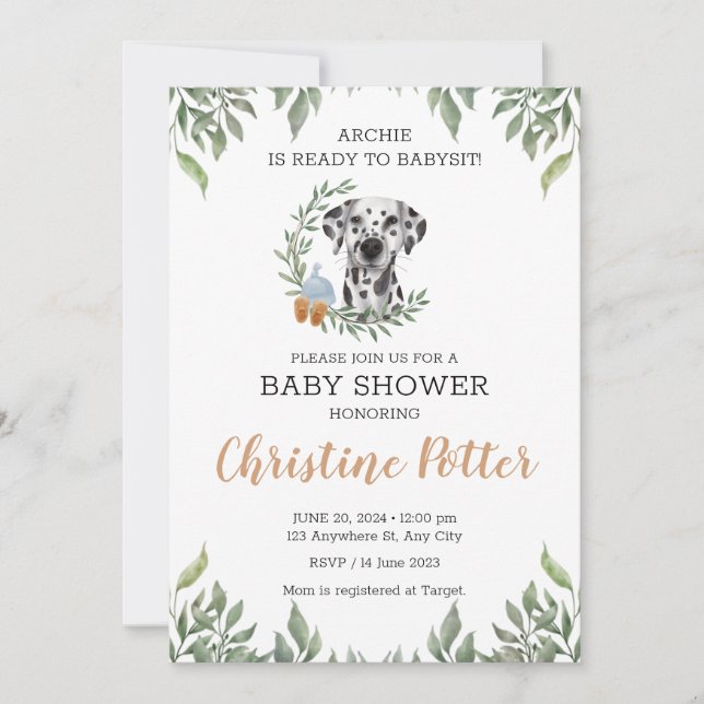 Dalmatien Hund Puppy Greenery Boho Baby Shower Inbjudningar (Framsida)