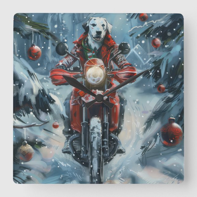 Dalmatien Hund Riding Motorcycle jul Fyrkantig Klocka (Framsida)