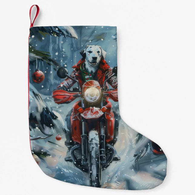 Dalmatien Hund Riding Motorcycle jul Liten Julstrumpa (Framsidan)