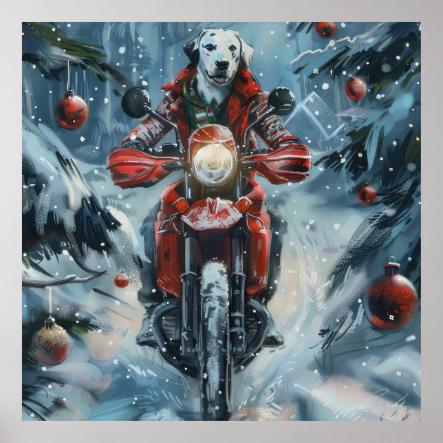 Dalmatien Hund Riding Motorcycle jul Poster (Framsidan)