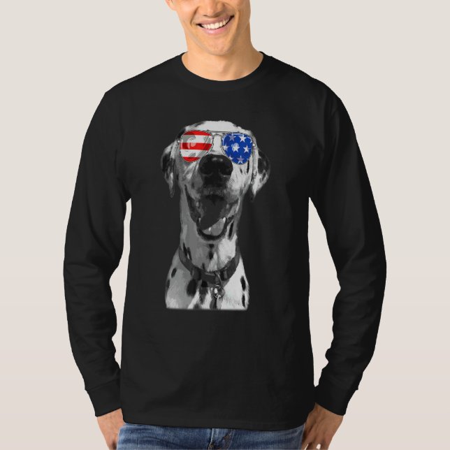 Dalmatien Hund Sunglasses Flagga American 4:e juli T Shirt (Framsida)
