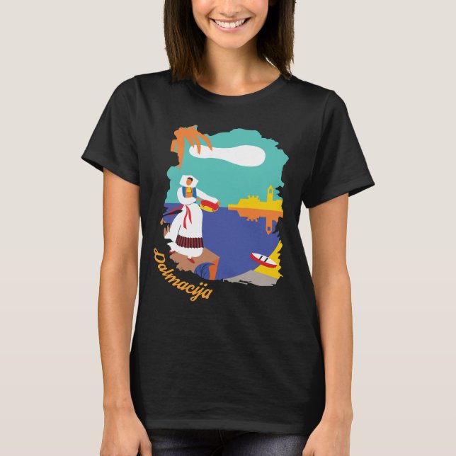 Dalmatien Kust Kvinna Konst Svart Resa T Shirt (Framsida)