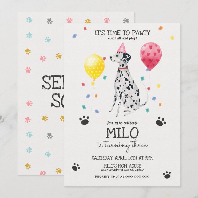 Dalmatien låter Pawty Hund Birthday-inbjudan Rosa Inbjudningar (Fram/baksida)