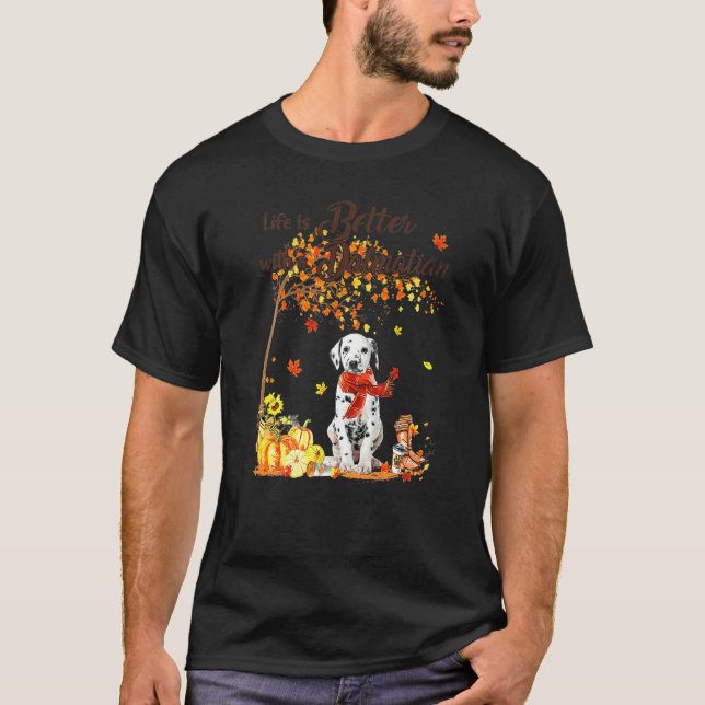 Dalmatien Maple Träd Thanksgiving Day Cute Hund Fa T Shirt (Framsida)