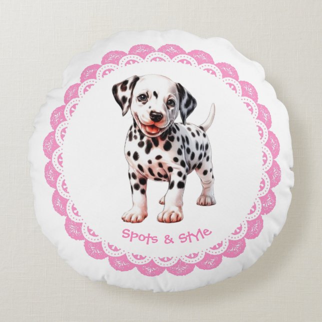 Dalmatien Print Birthday | Svarta och vita party Rund Kudde (Framsidan)