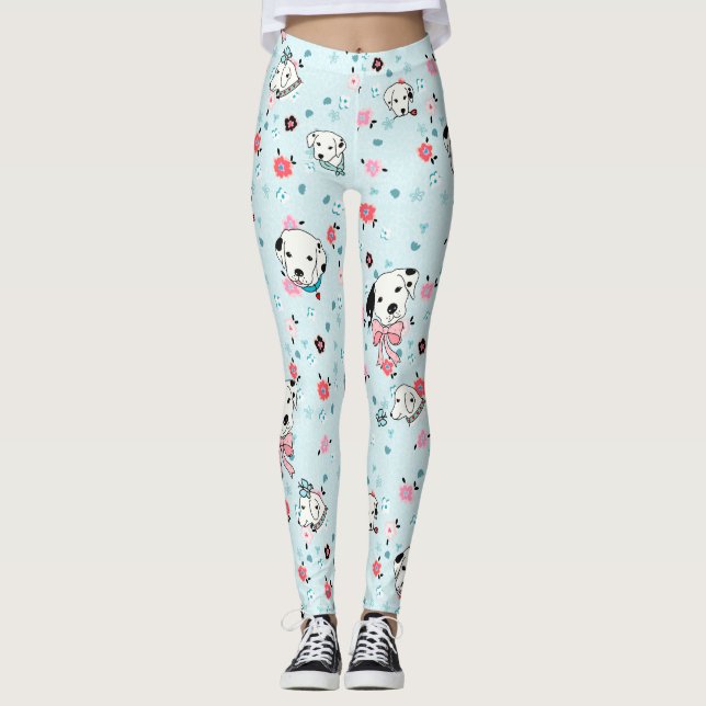 Dalmatien Puppy Blommigt - ljusblå Leggings (Framsida)