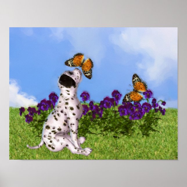 Dalmatien Puppy Butterflies Hund Art Fotomålning Poster (Framsidan)