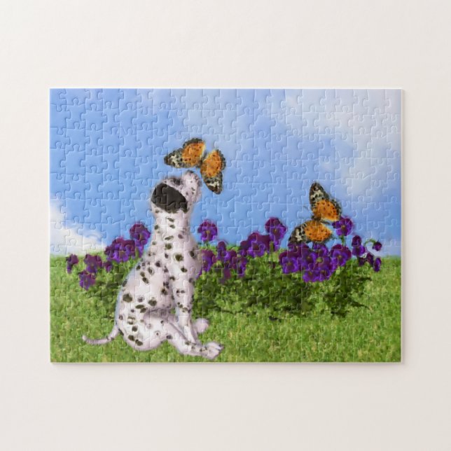 Dalmatien Puppy Butterflies Hund Art Fotomålning Pussel (Horisontell)