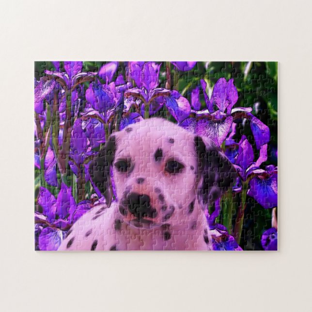 Dalmatien Puppy Iris Flowers Hund Art Pussel (Horisontell)