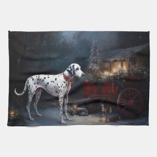 Dalmatien Snowy Sleigh-juldekretet Kökshandduk (Horisontell)