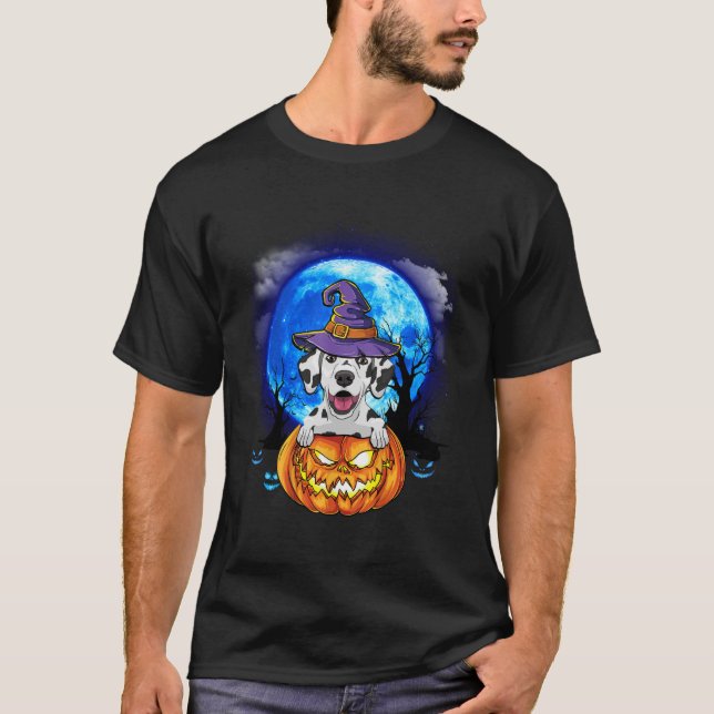 Dalmatien Witch Måne Pumpkin Scary Halloween Hund  T Shirt (Framsida)