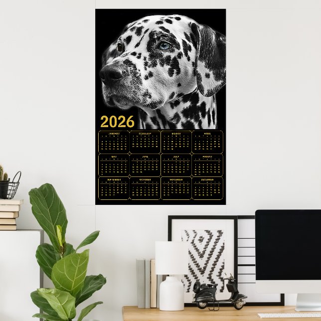 Dalmatiner 2026 Kalender – Svart & Vit Elegans Poster (Hemmakontoret)