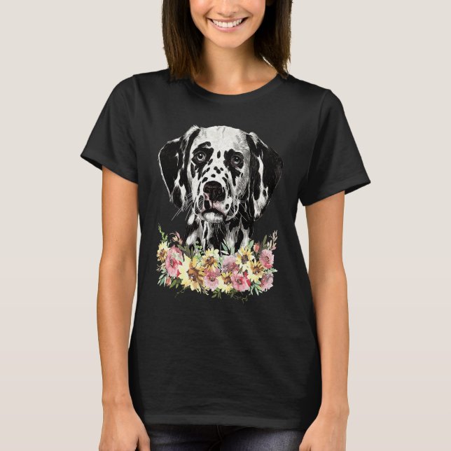 Dalmatiner Hund Blommig T Shirt (Framsida)