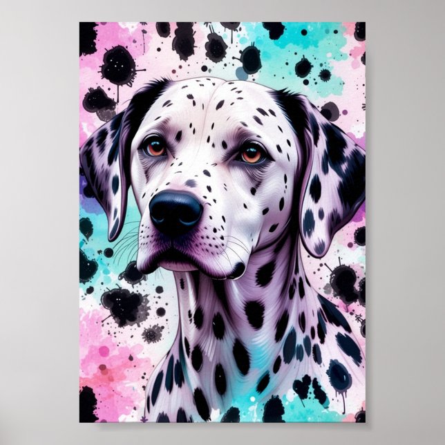 Dalmatiner Hund Rosa Lila Turkos Akvarell Poster (Framsidan)