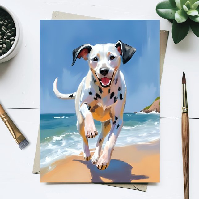 Dalmatiner Hund Strand Vattenfärg Husdjur Målning Vykort (Skapare uppladdad)