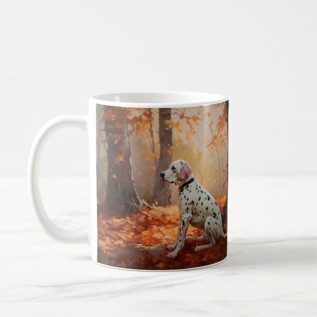 Dalmatiner på höstlöv faller inspirerar kaffemugg (Vänster)