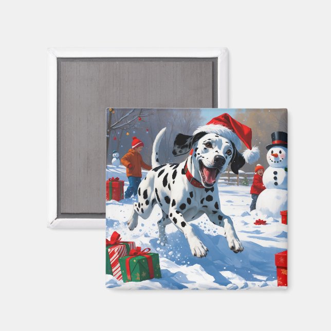 Dalmatiner springer i snö med julhatt magnet (Front/Back)