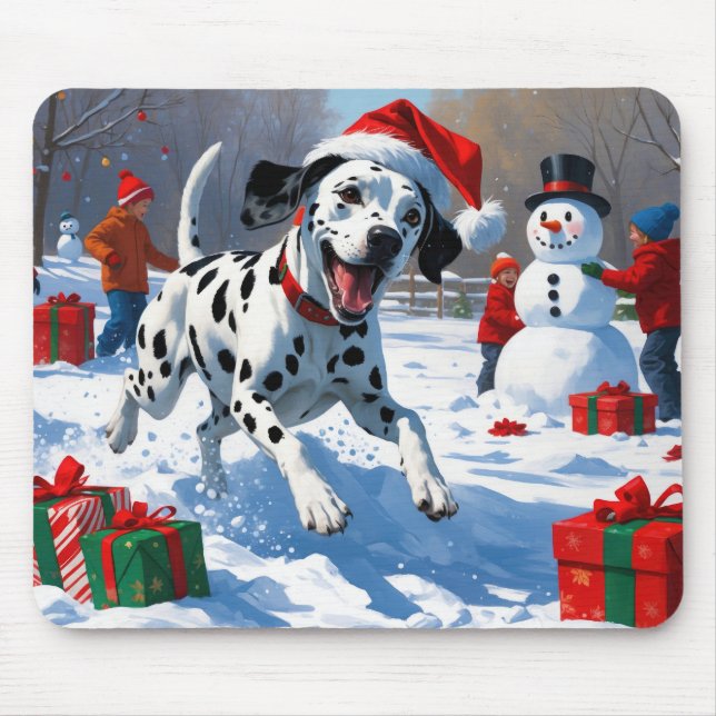 Dalmatiner springer i snö med julhatt musmatta (Framsidan)