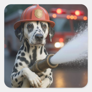 Dalmatinerhund med brandslang fyrkantigt klistermärke