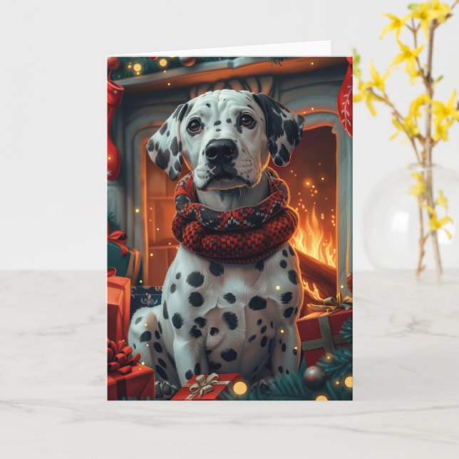 Dalmatinerhund med julklappar vid öppen spis kort (Gul blomma)