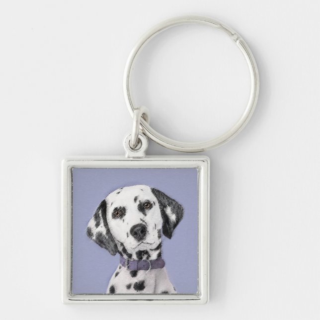 Dalmatisk målning - Cute Original Hund Art Fyrkantig Silverfärgad Nyckelring (Framsidan)