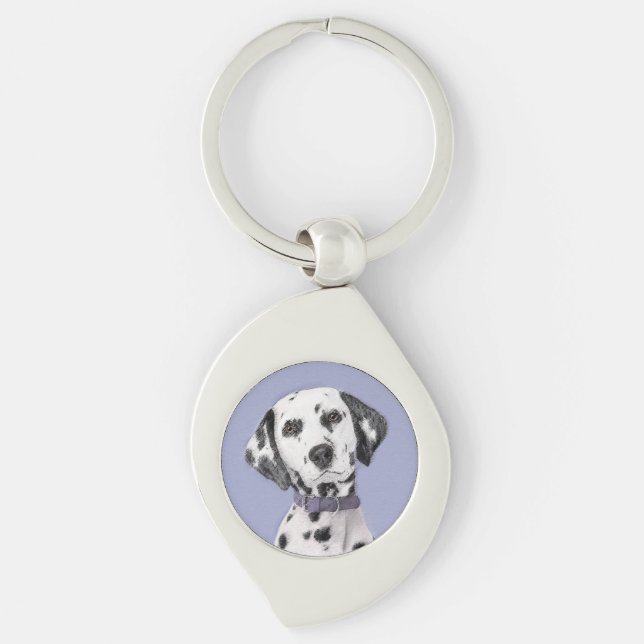 Dalmatisk målning - Cute Original Hund Art Swirl Silverfärgad Nyckelring (Framsidan)