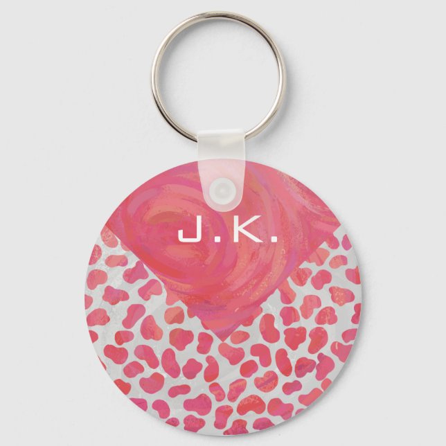 Dalmatisk Rosa och vit med Monogram Nyckelring (Framsida)